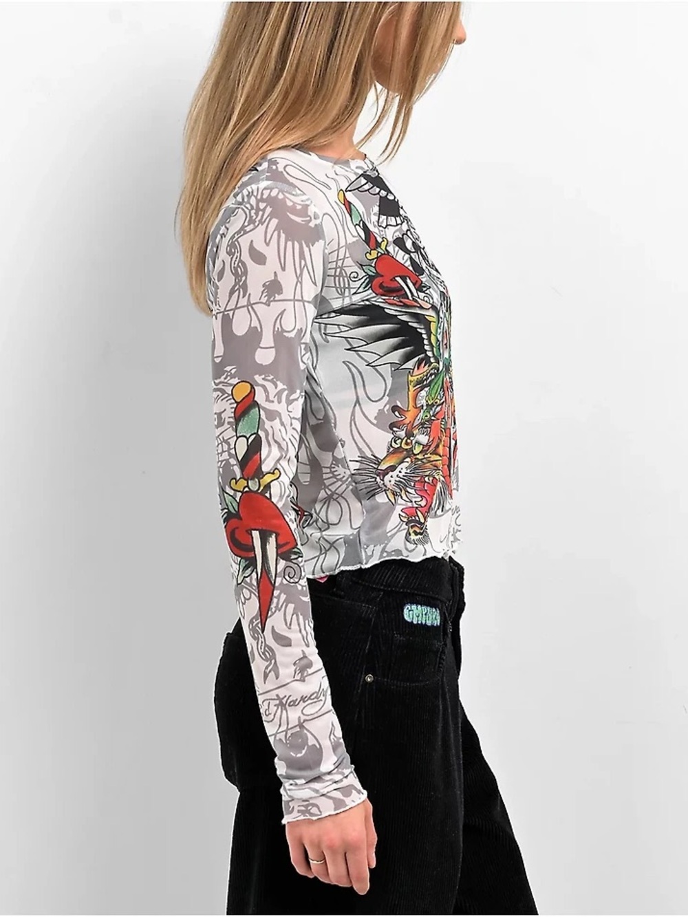 Ed Hardy Dragon Dagger White Mesh Long Sleeve Crop Top. Size L - Picture 11 of 11